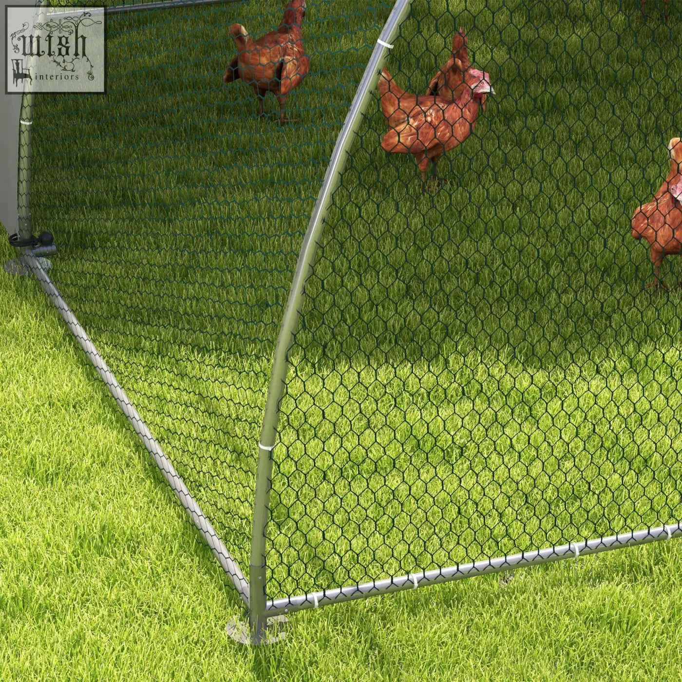 Silver tone pawhut galvanised steel chicken coop with black hexagonal mesh fencing for 8 to 12 chickens and small animals