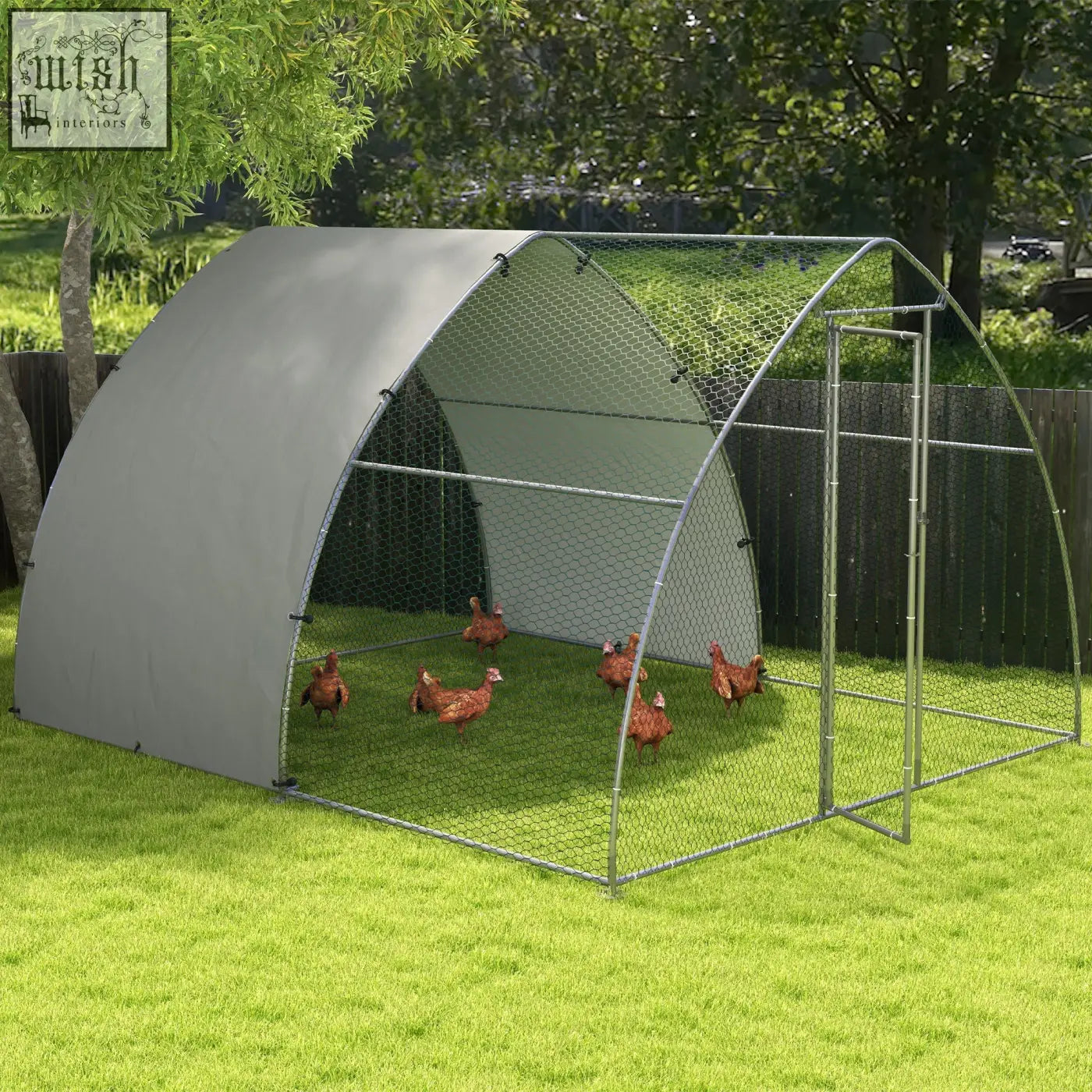 Gray arched chicken coop with galvanised steel frame and silver tone wire mesh sides for outdoor use