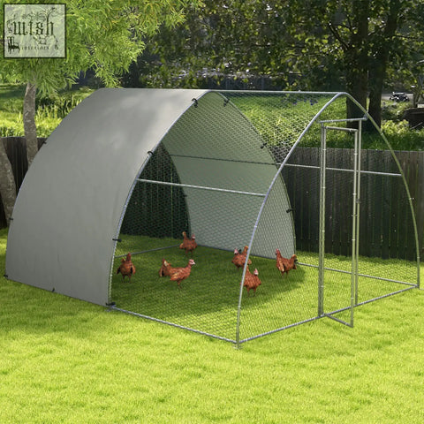 Gray arched chicken coop with galvanised steel frame and silver tone wire mesh sides for outdoor use