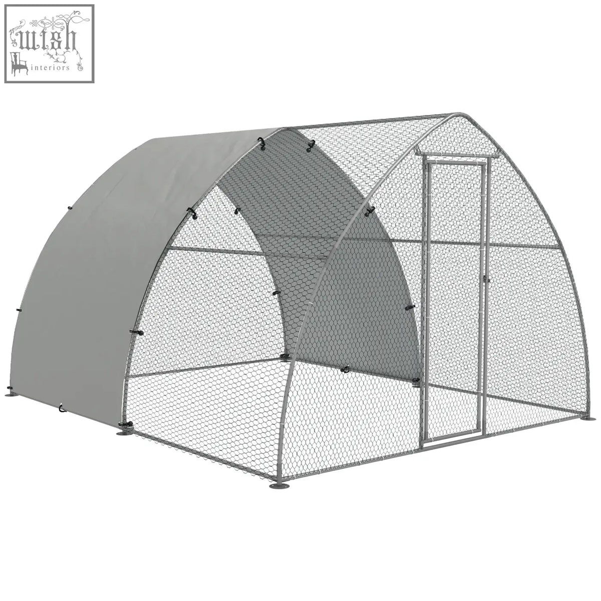 Gray arched chicken coop made of silver tone galvanised steel with wire mesh sides for 8 to 12 chickens and ducks