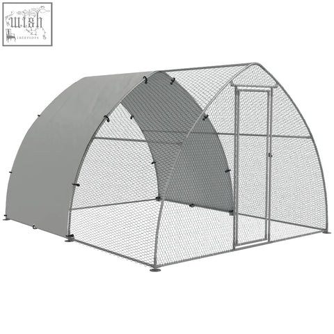 Gray arched chicken coop made of silver tone galvanised steel with wire mesh sides for 8 to 12 chickens and ducks