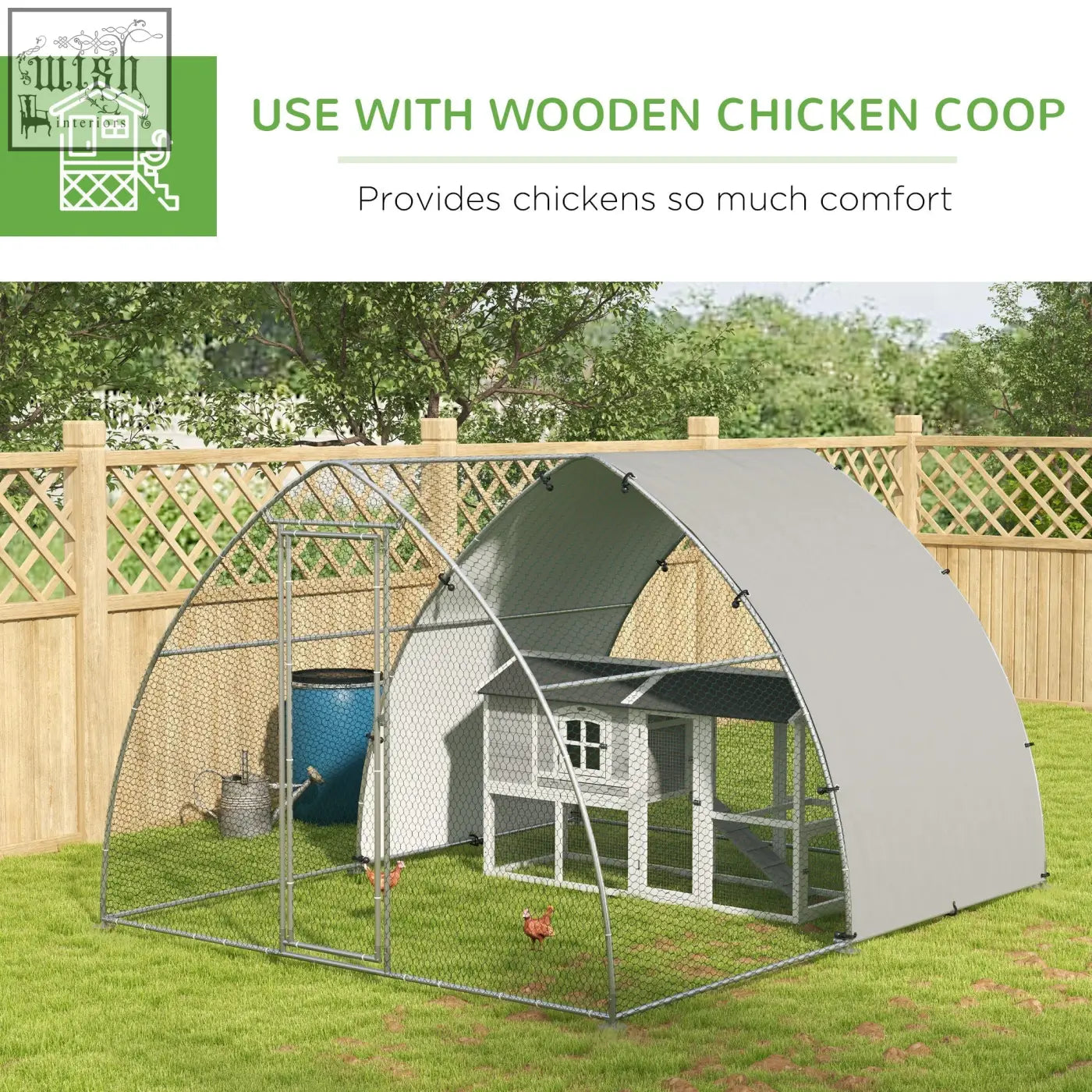Gray arched chicken coop with galvanised steel frame and wire mesh sides in silver tone for outdoor use