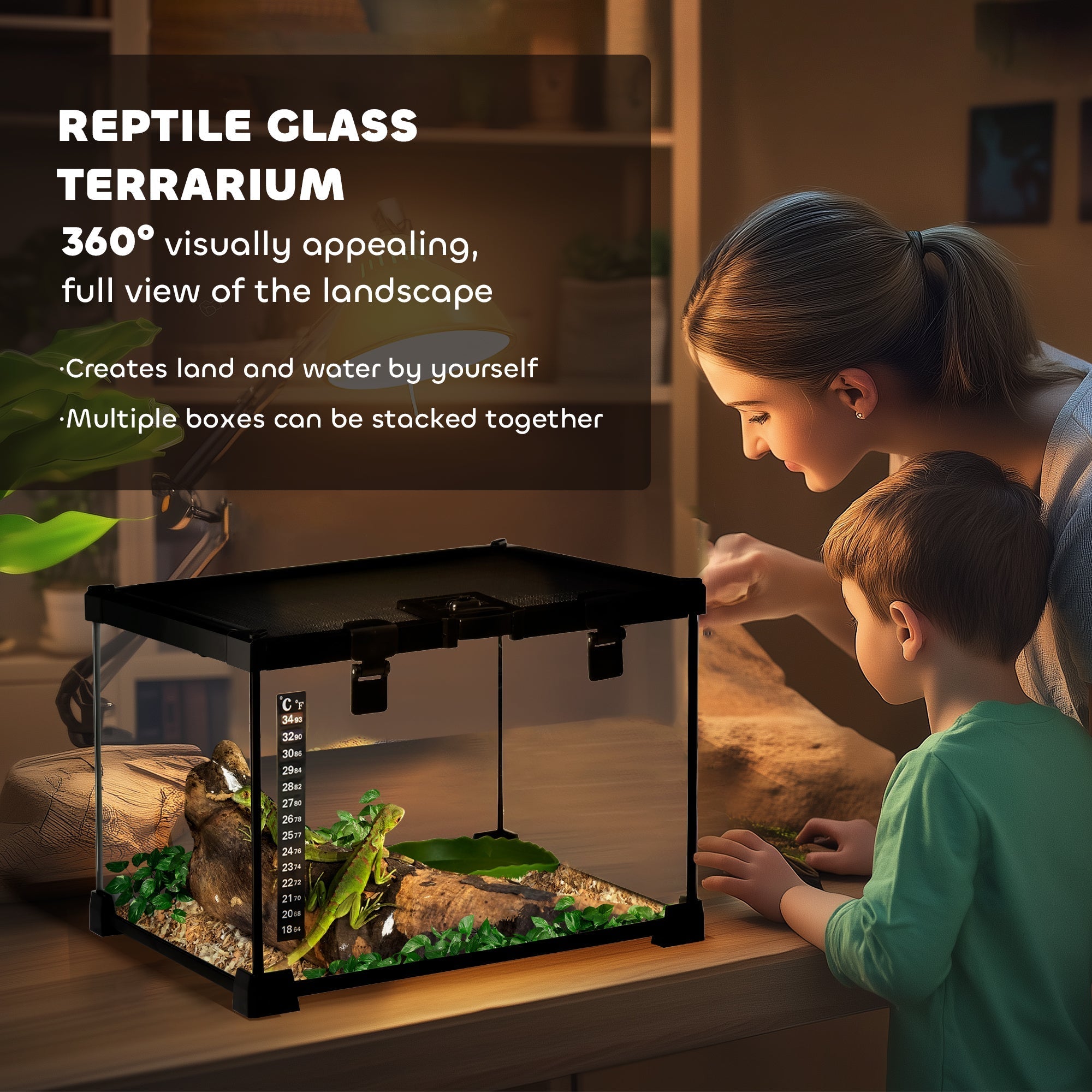 Black glass pawhut reptile box with strip patch thermometer and adjustable lighting for lizards and snakes