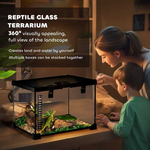 Black glass pawhut reptile box with strip patch thermometer and adjustable lighting for lizards and snakes