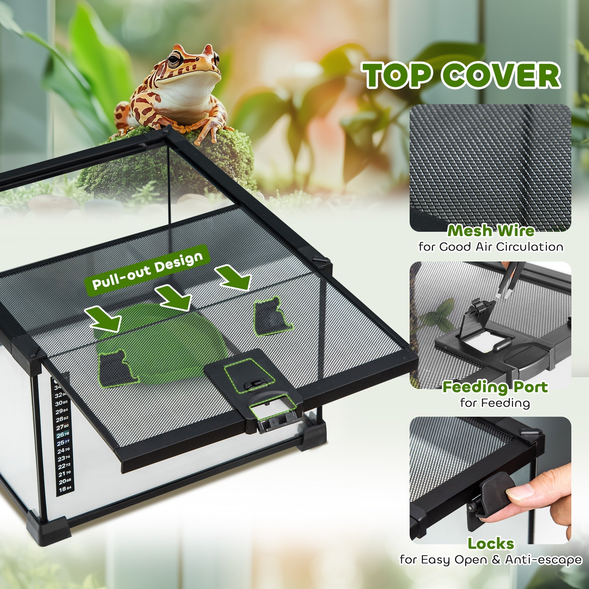 Black mesh wire top cover with pull out design and feeding port for pawhut reptile box with strip patch thermometer