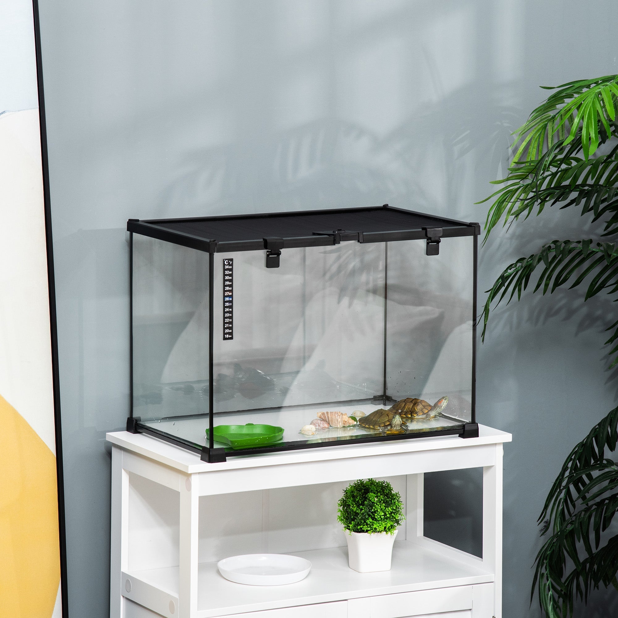 Pawhut black-framed glass reptile box terrarium with lid strip patch thermometer and substrate heater for turtles and lizards
