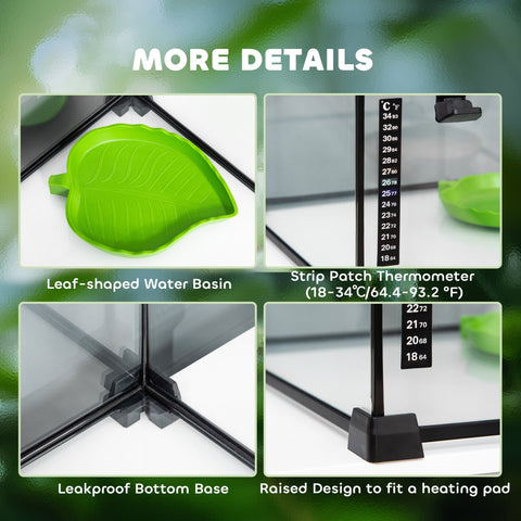 Green leaf-shaped plastic water basin for PawHut glass reptile box with strip patch thermometer and substrate heater options
