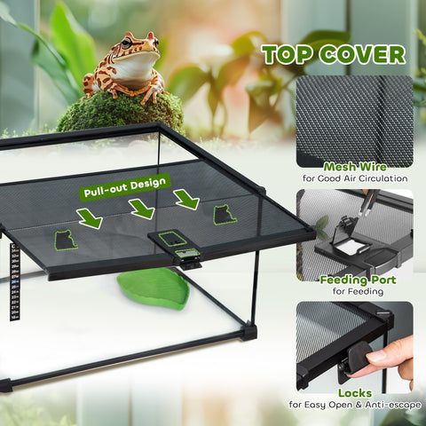 Black mesh wire reptile box terrarium with pull-out top cover and strip patch thermometer for lizards and snakes