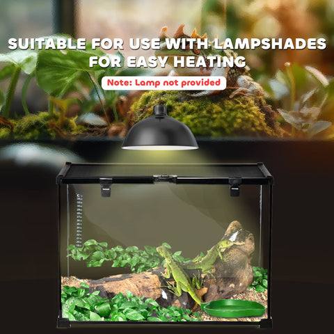 Black glass reptile box with strip patch thermometer and black lampshade for lizards and snakes substrate heater setup