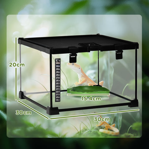 Black-framed glass reptile box with strip patch thermometer and adjustable climate control for lizards and snakes