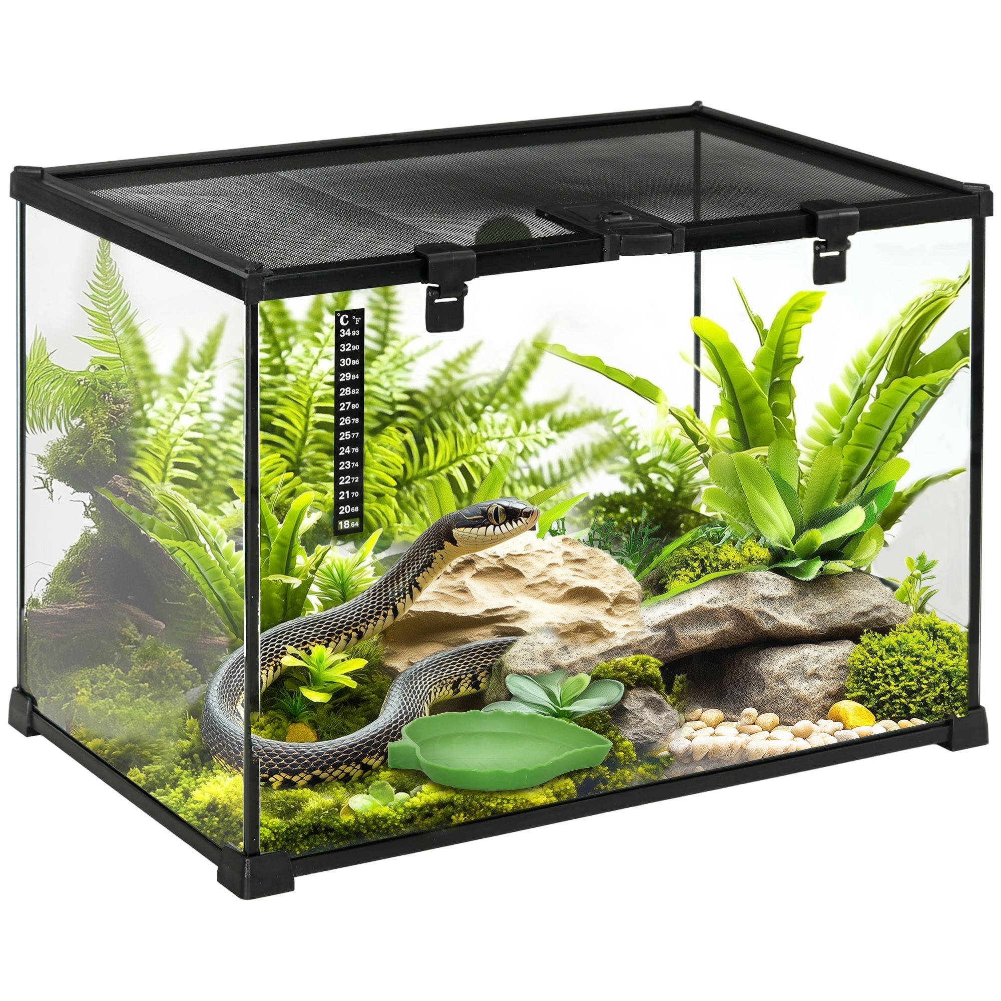 Pawhut black-framed glass reptile box with strip patch thermometer housing green ferns and rocks for lizards and snakes