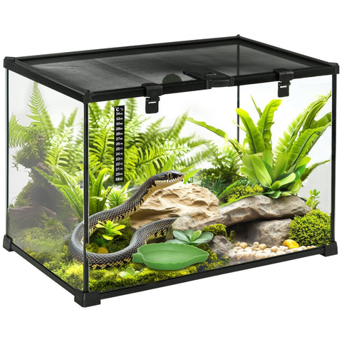 Pawhut black-framed glass reptile box with strip patch thermometer housing green ferns and rocks for lizards and snakes