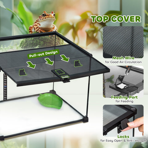 Black mesh-top pawhut glass reptile box with pull-out feeding port and locking mechanism for lizards with strip patch thermometer
