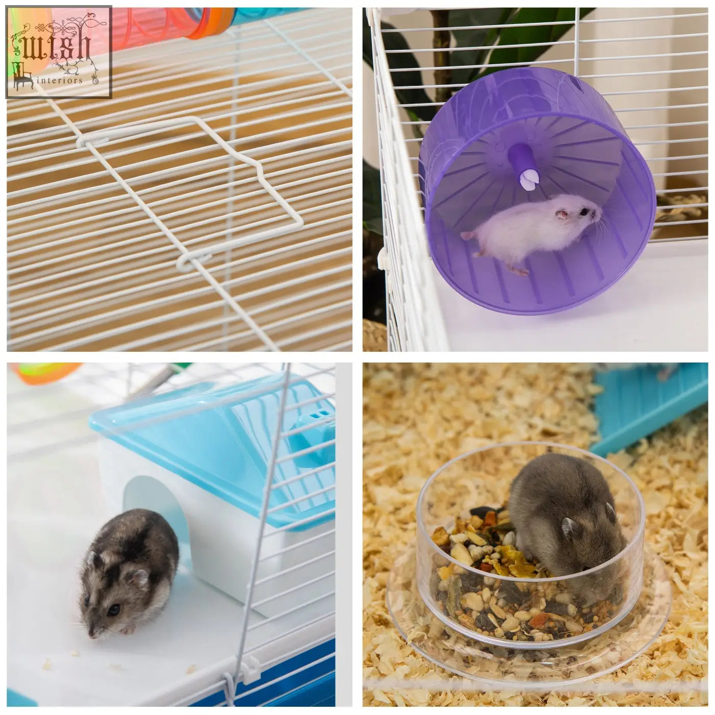 Purple plastic exercise wheel in pawhut blue 3 tier hamster cage with water bottle and food dish