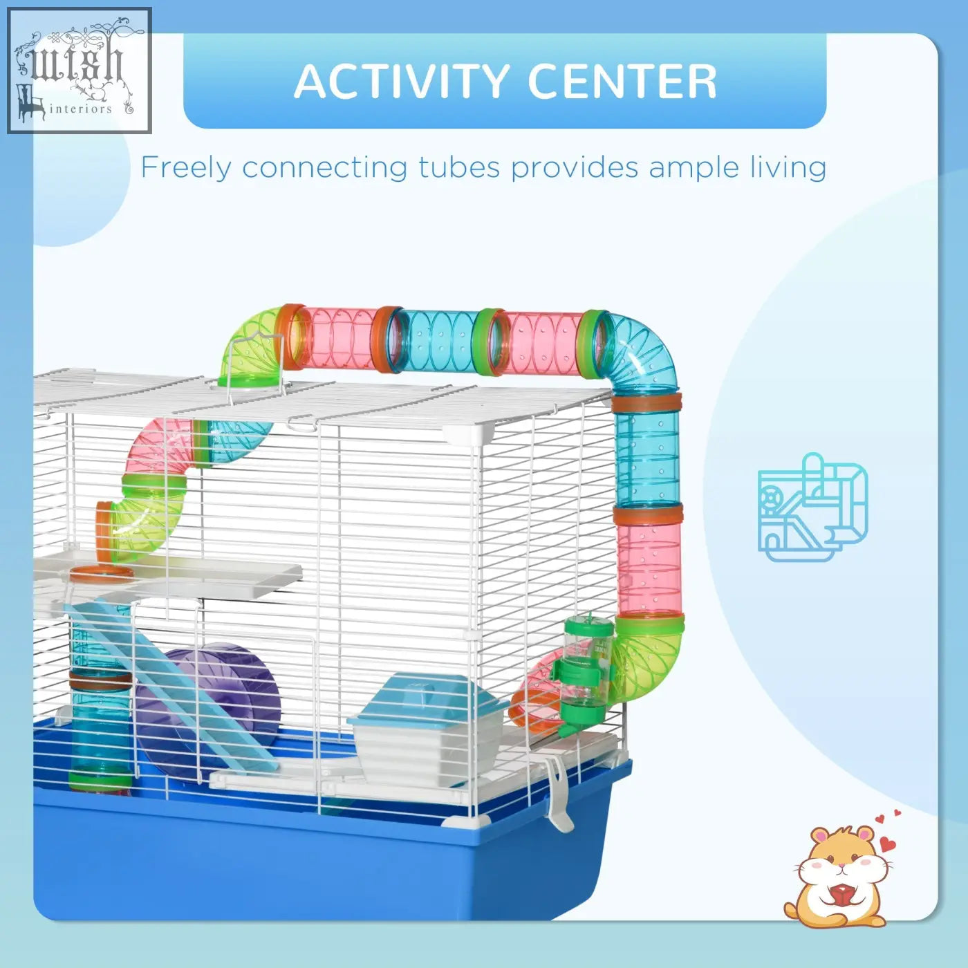 Pawhut 3 tier hamster cage in blue with colorful translucent tubes, exercise wheel, water bottle, and food dish