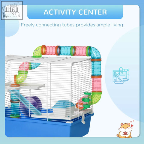 Pawhut 3 tier hamster cage in blue with colorful translucent tubes, exercise wheel, water bottle, and food dish