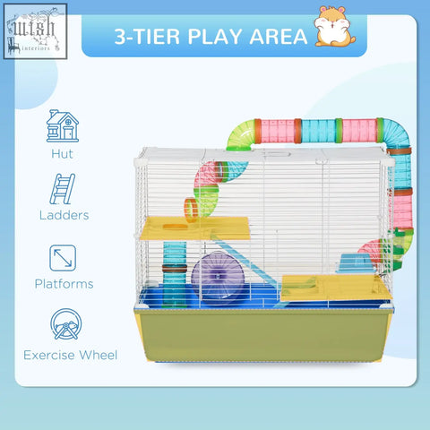 Colorful pawhut 3 tier hamster cage with transparent tubes, purple exercise wheel, water bottle, and food dish in blue