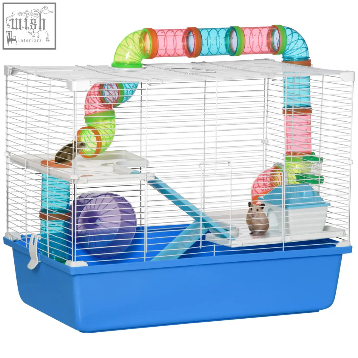 Blue pawhut hamster cage with white wire cage colorful tubes ramps purple exercise wheel water bottle food dish