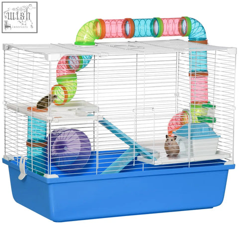 Blue pawhut hamster cage with white wire cage colorful tubes ramps purple exercise wheel water bottle food dish