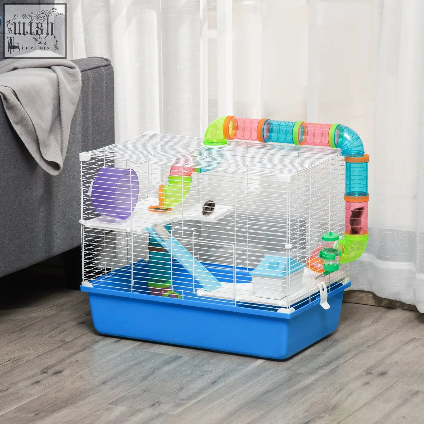Colorful plastic tunnel system with green orange and blue sections attached to white wire cage with water bottle exercise wheel and food dish in pawhut 3 tier hamster cage