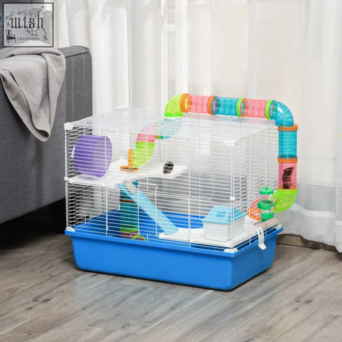 Colorful plastic tunnel system with green orange and blue sections attached to white wire cage with water bottle exercise wheel and food dish in pawhut 3 tier hamster cage