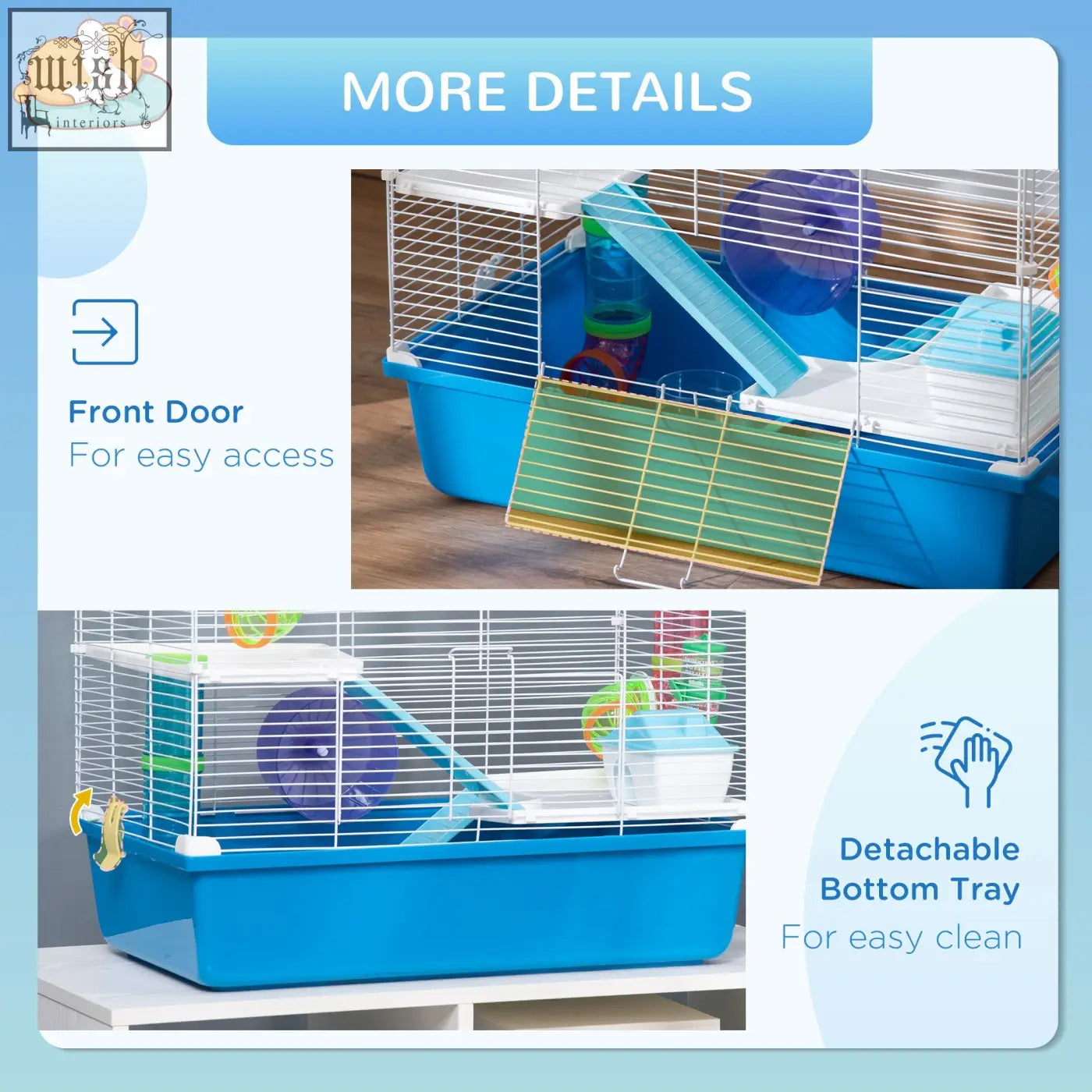 Blue pawhut hamster cage with white wire bars, detachable tray, exercise wheel, water bottle, and food dish