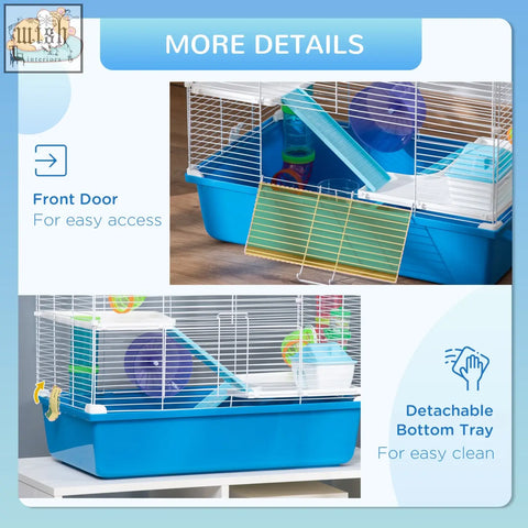 Blue pawhut hamster cage with white wire bars, detachable tray, exercise wheel, water bottle, and food dish