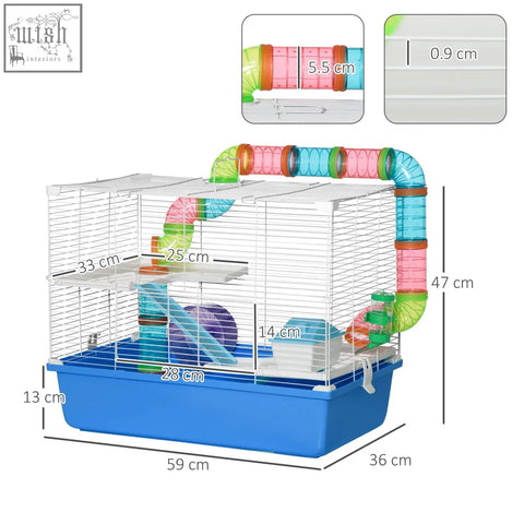 Pawhut hamster cage blue plastic base with transparent cage and colorful tubes includes water bottle exercise wheel and food dish