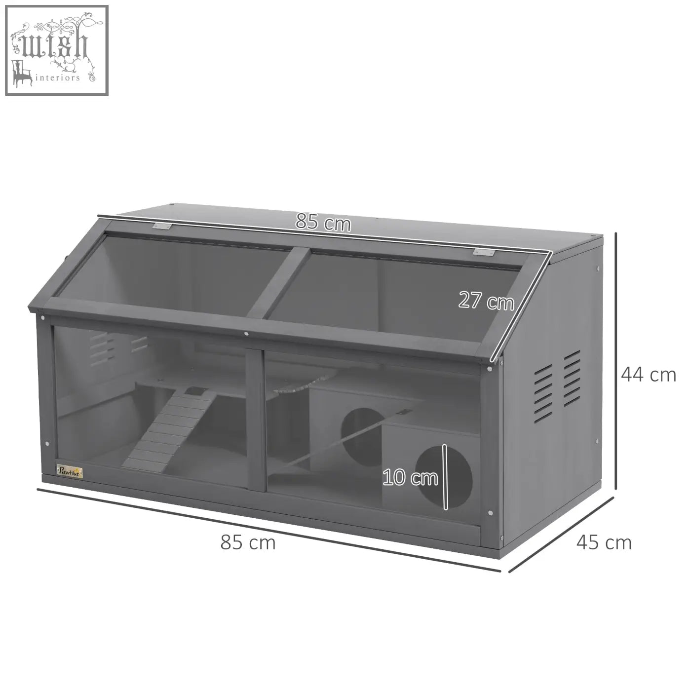 Gray metal and glass pawhut hamster cage with suspension bridge slanted roof and wooden ramps for small animals