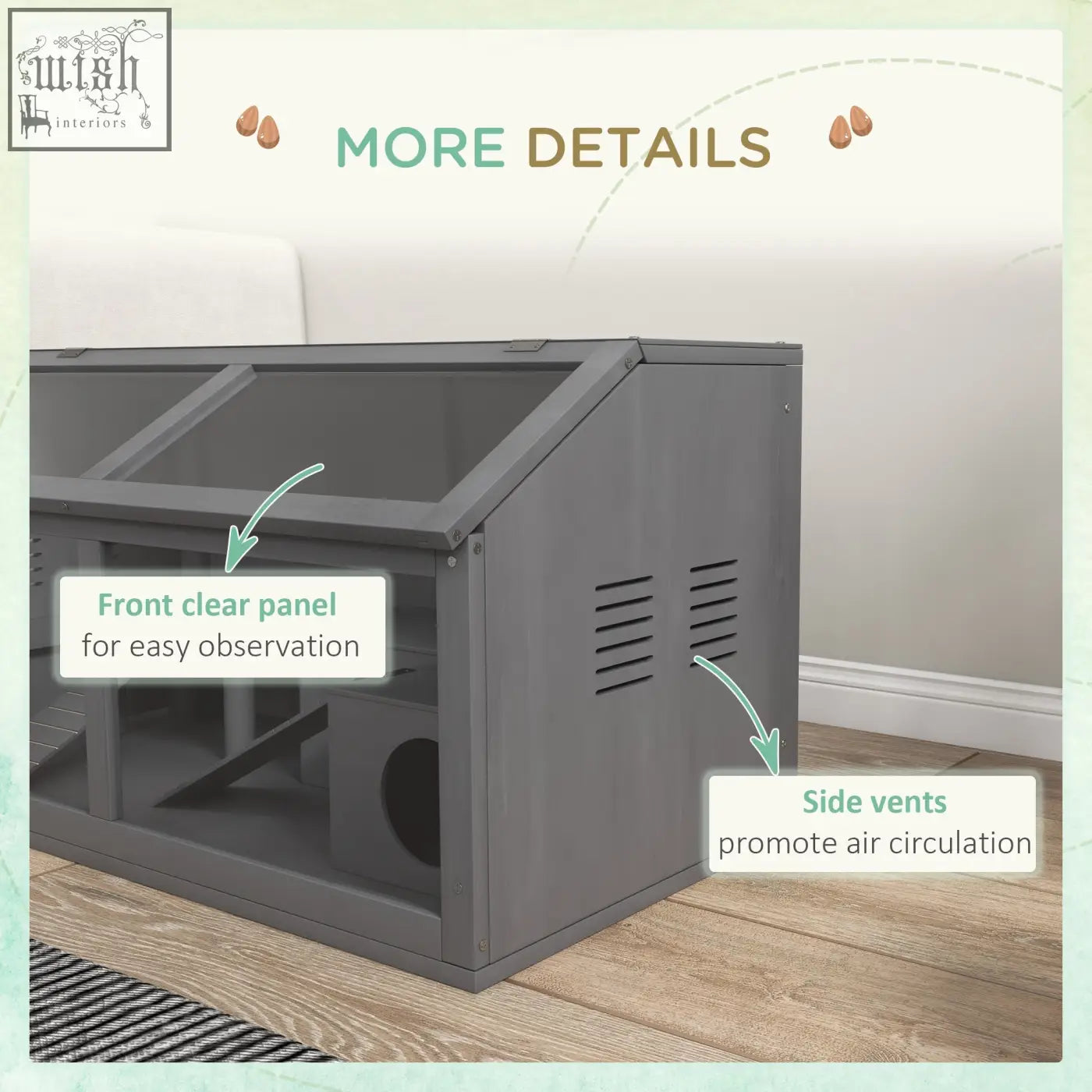 Gray wooden pawhut hamster cage with clear front panel, side vents, and suspension bridge for small animals