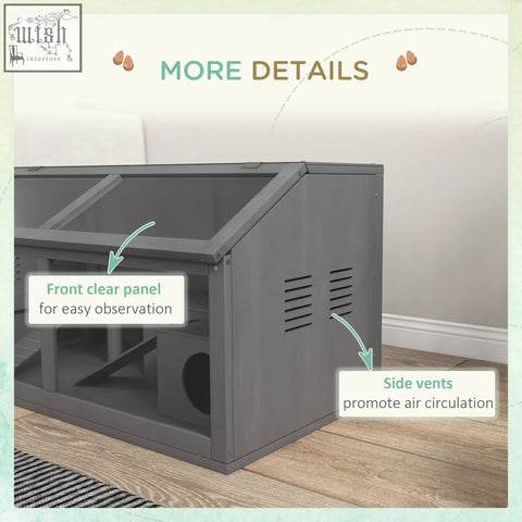Gray wooden pawhut hamster cage with clear front panel, side vents, and suspension bridge for small animals