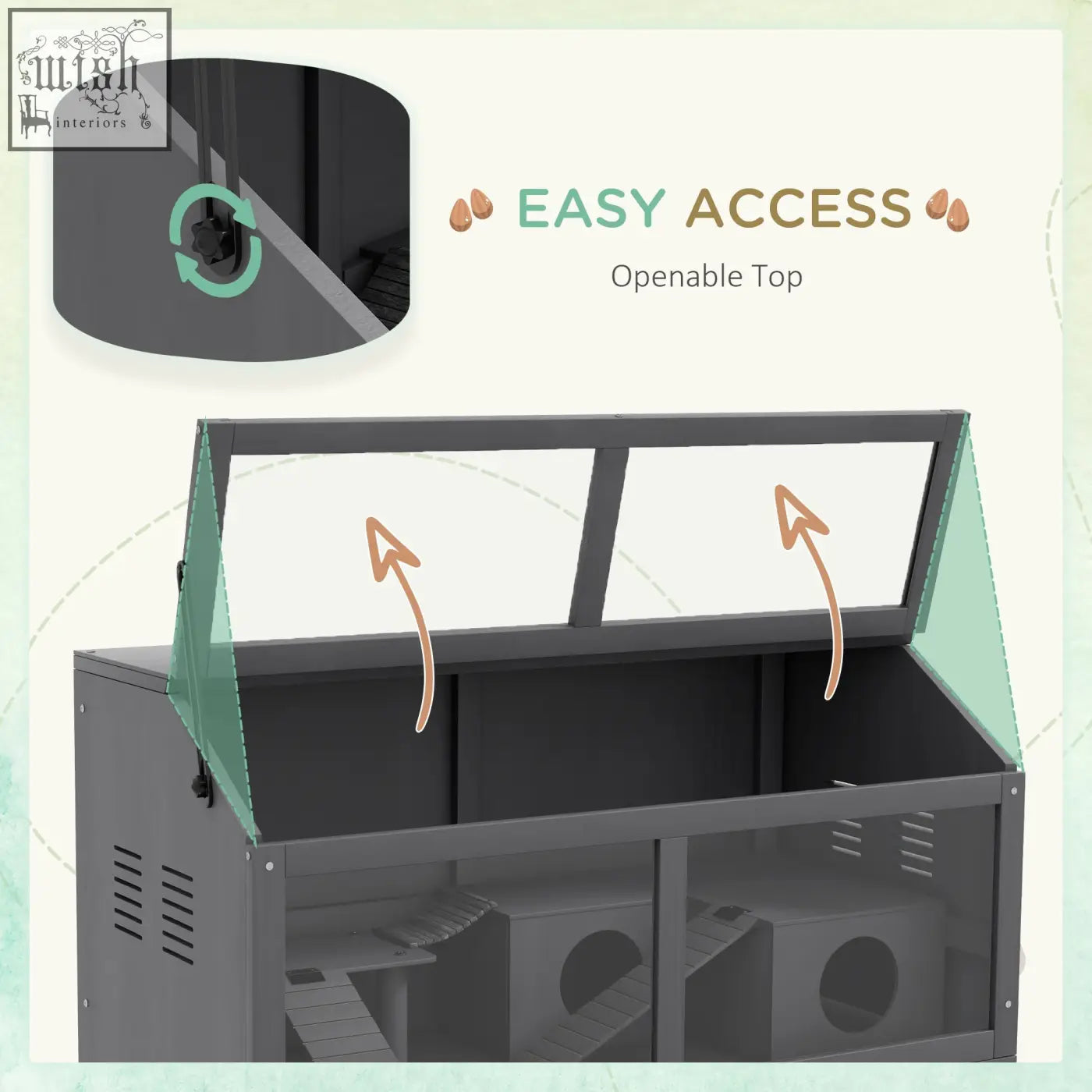 Gray metal pawhut hamster cage with transparent glass panels openable top and built-in suspension bridge