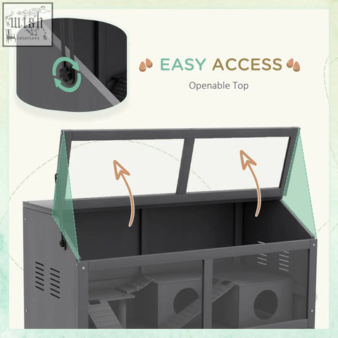 Gray metal pawhut hamster cage with transparent glass panels openable top and built-in suspension bridge