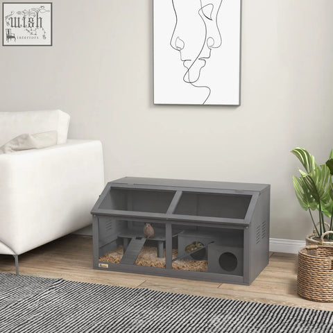 Gray wooden pawhut hamster cage with clear glass panels, sloped roof, and suspension bridge for small animals