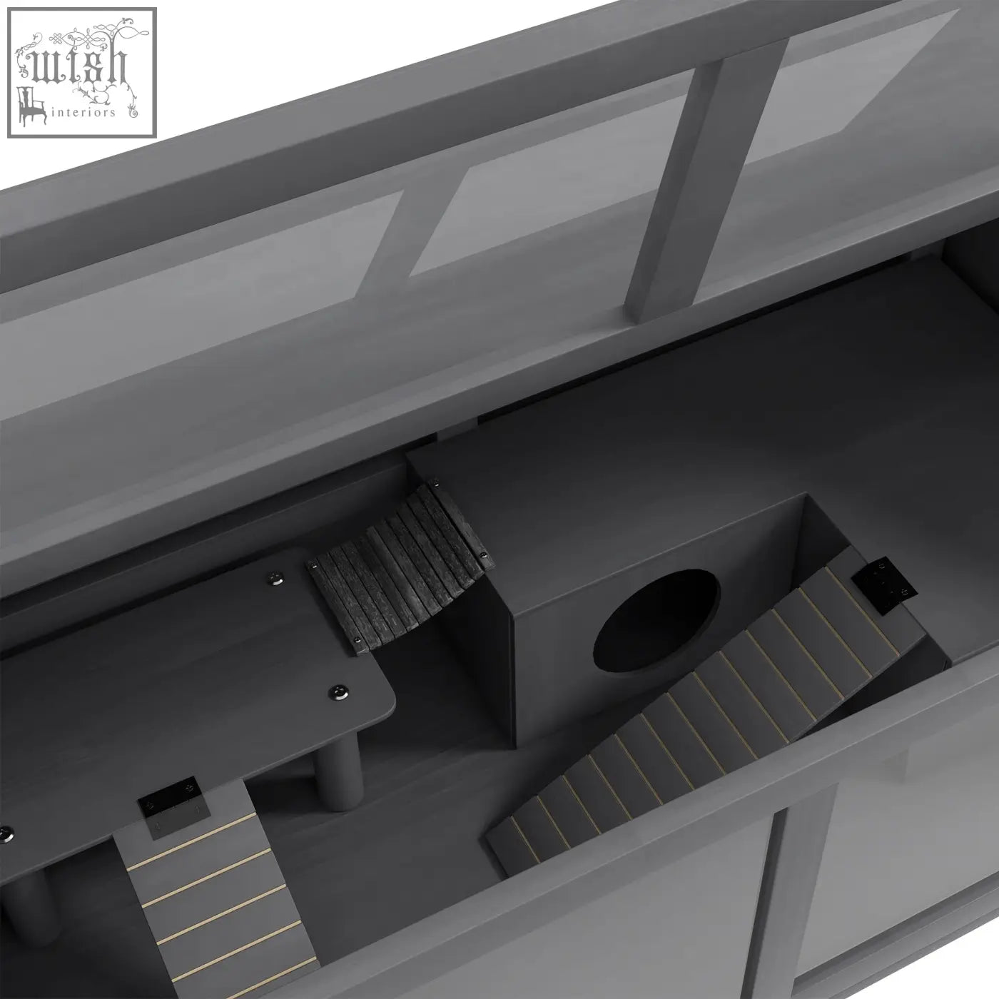 Gray wooden pawhut hamster cage with circular entrance and slanted ramps including a suspension bridge for small pets