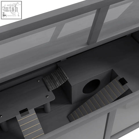 Gray wooden pawhut hamster cage with circular entrance and slanted ramps including a suspension bridge for small pets