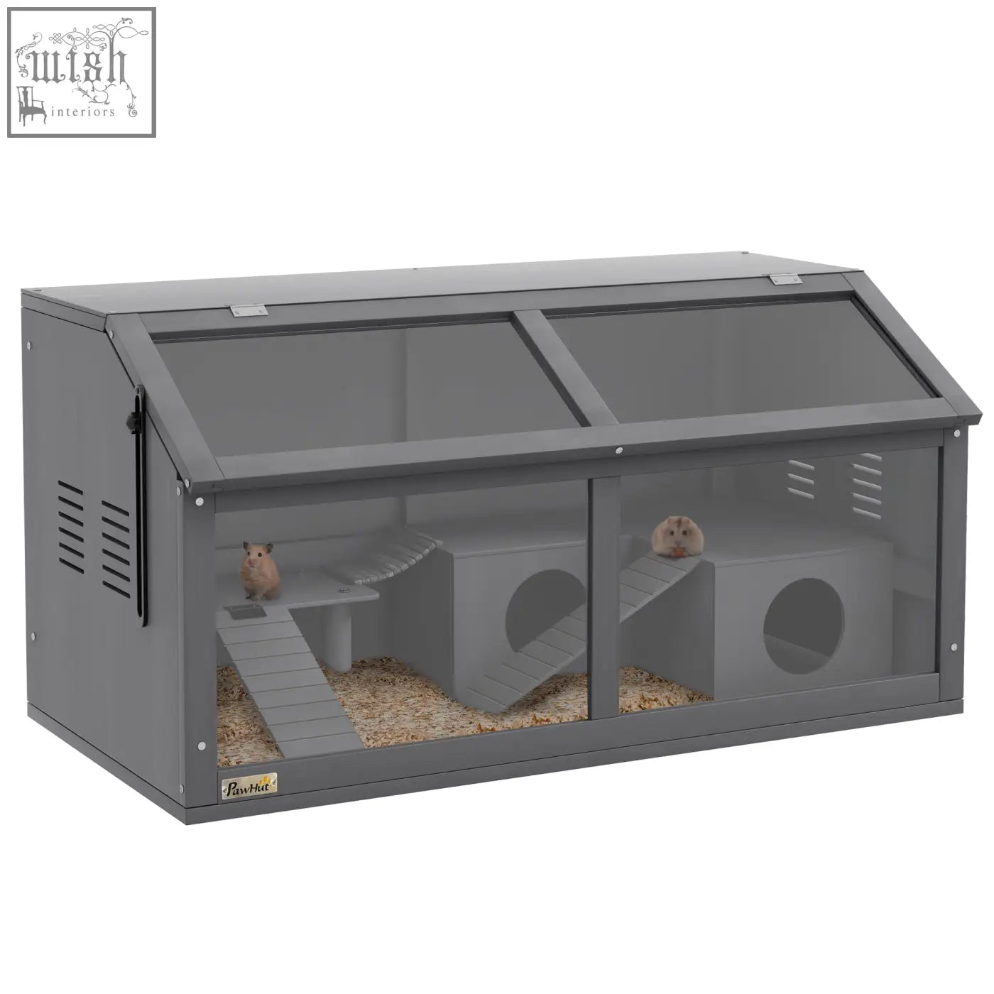 Gray plastic pawhut hamster cage with suspension bridge transparent glass panels ramps tunnels and platforms