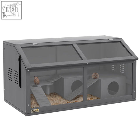 Gray plastic pawhut hamster cage with suspension bridge transparent glass panels ramps tunnels and platforms