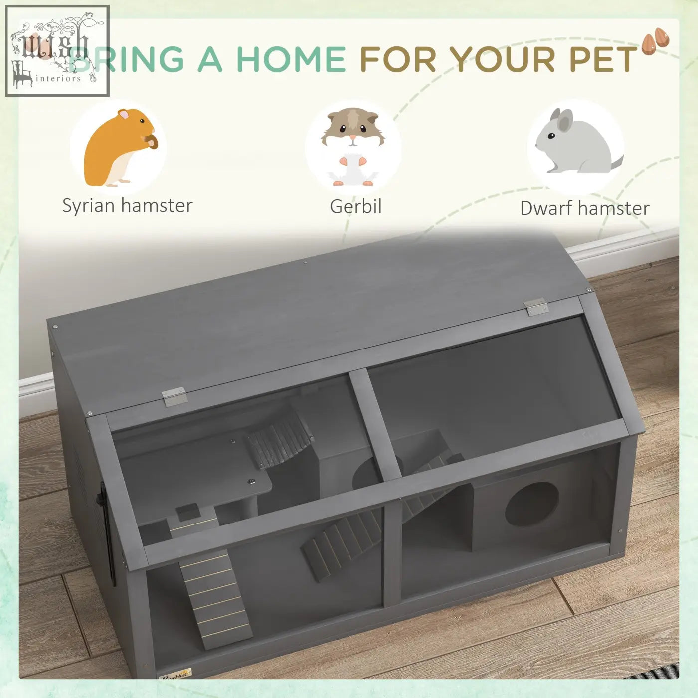 Gray pawhut hamster cage with transparent panels wooden ramps and suspension bridge for small animals