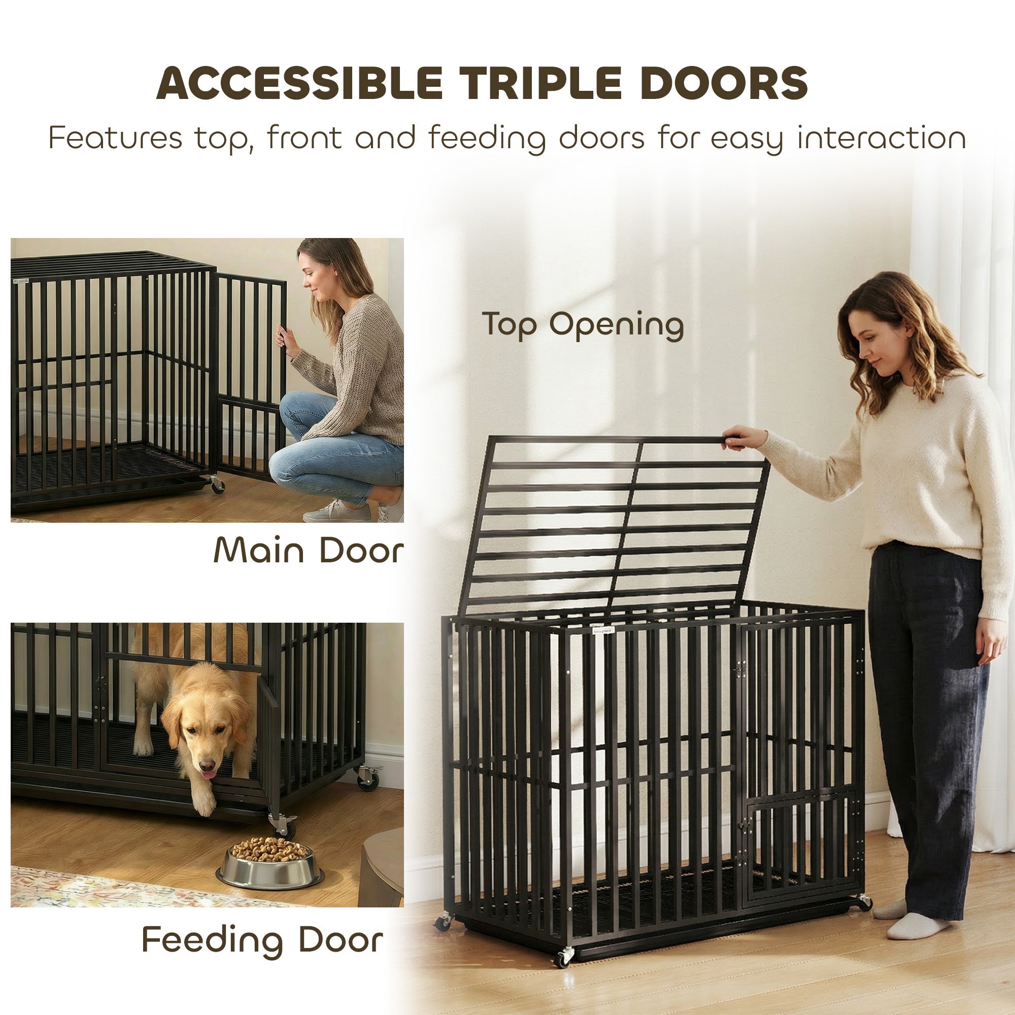 Black metal heavy duty dog crate with triple doors and wheels from PawHut for small and medium breeds