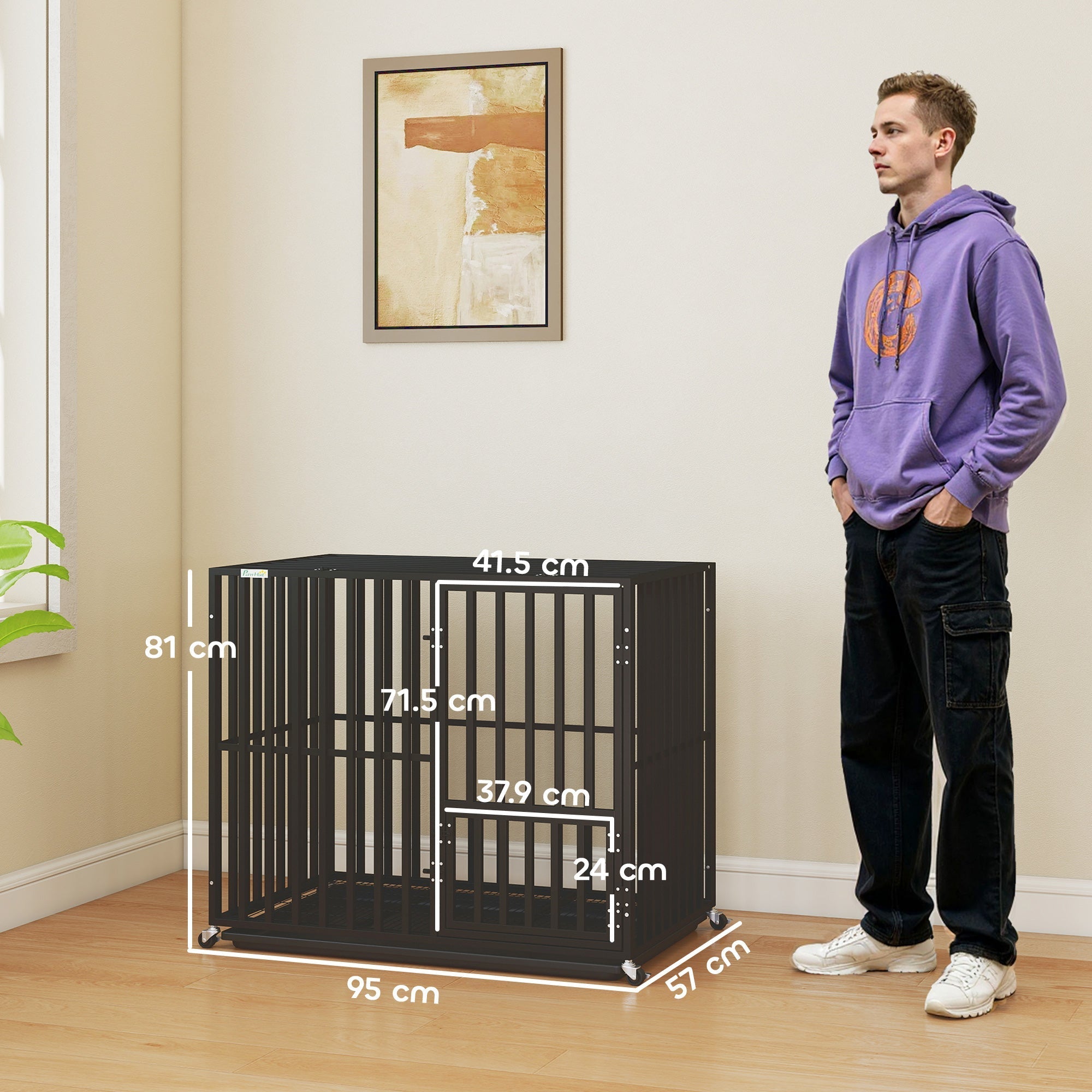 Black metal heavy duty dog crate with wheels and foldable design for small and medium breeds by pawhut