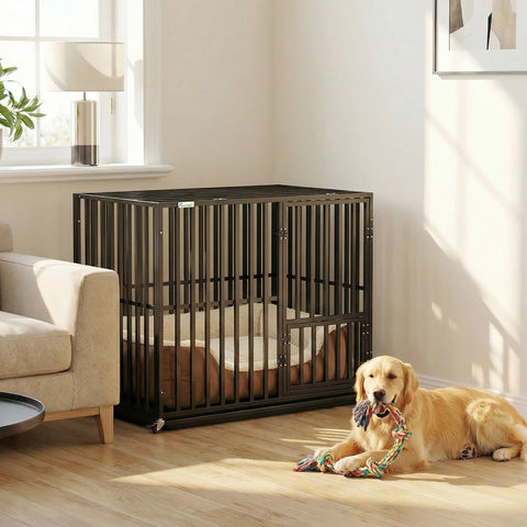 Black heavy duty dog crate with sliding door and wheels by PawHut for small to medium pets with removable tray