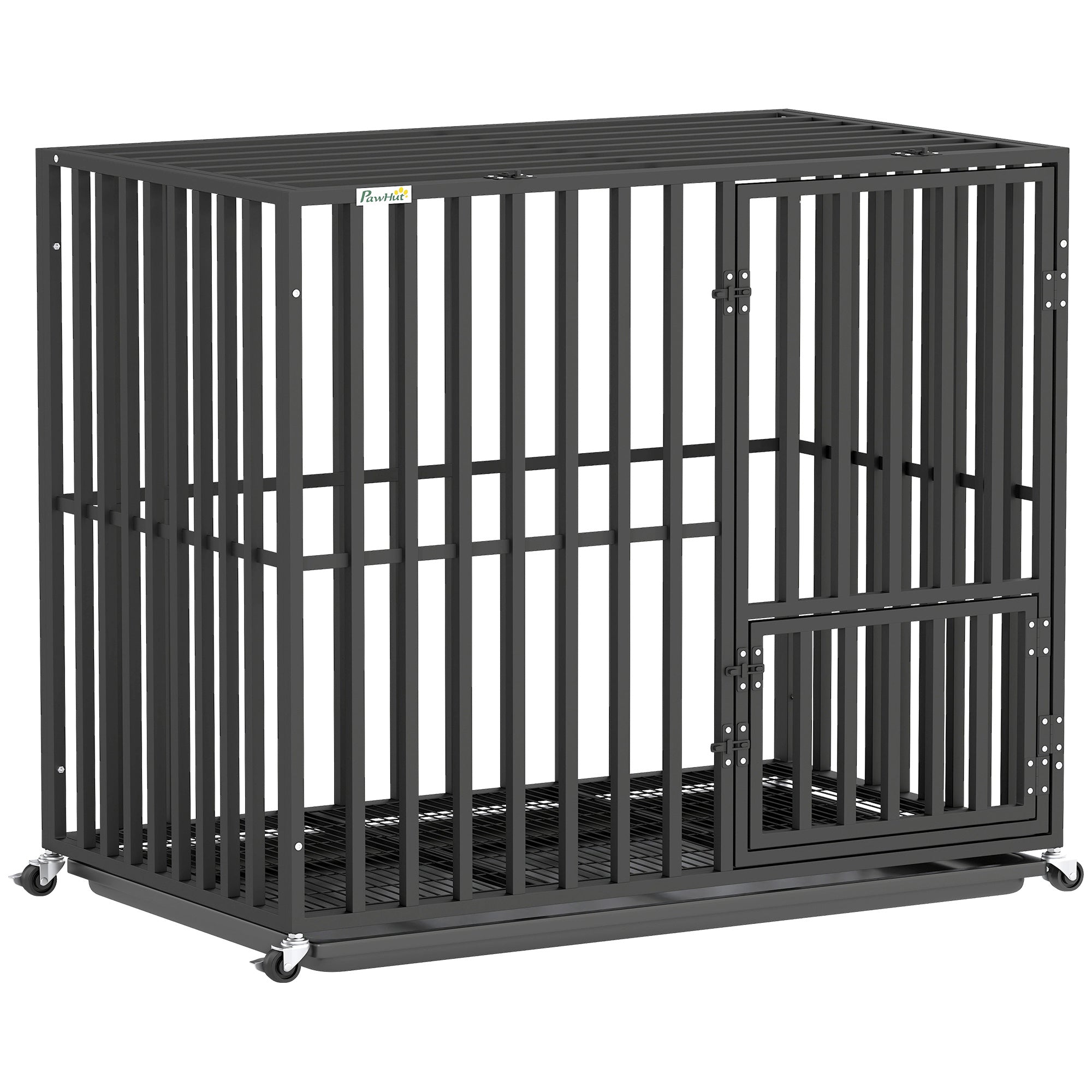 Black metal heavy duty dog crate with sliding door and caster wheels for small medium breeds by PawHut
