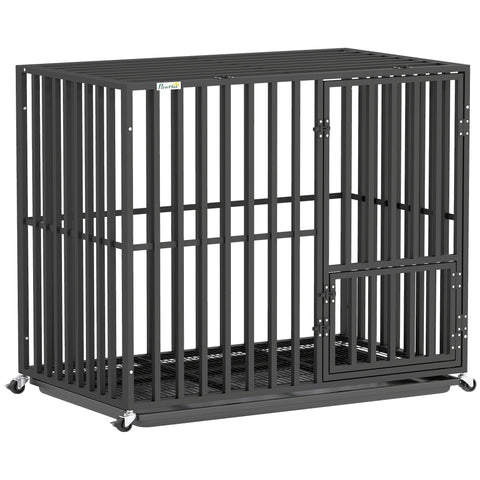 Black metal heavy duty dog crate with sliding door and caster wheels for small medium breeds by PawHut