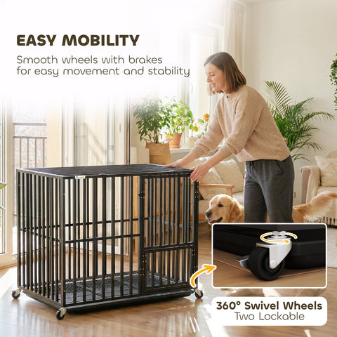 Black metal heavy duty dog crate with smooth swivel wheels and brakes for easy mobility by PawHut