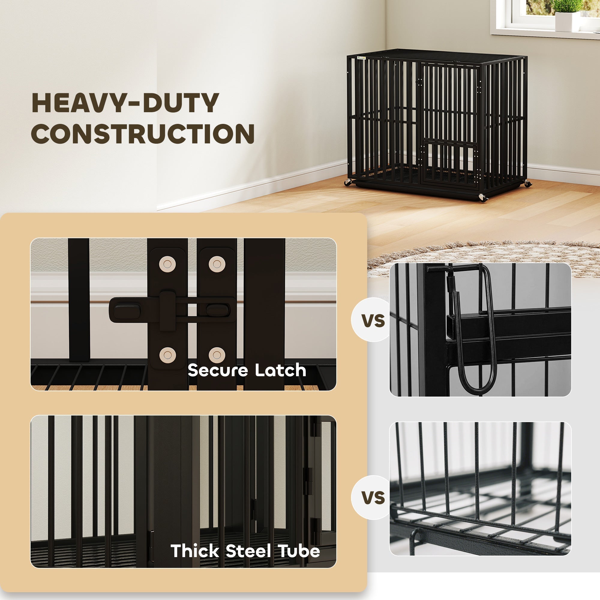 Black heavy duty dog crate with thick steel tubes and wheels for small medium breeds by pawhut