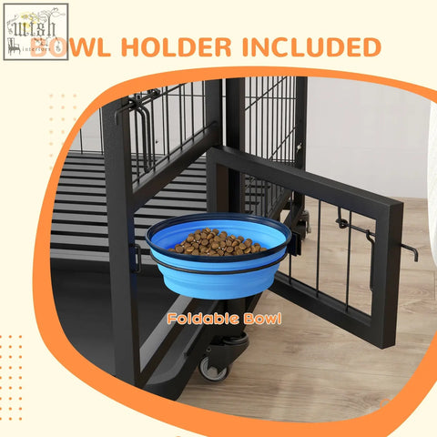 Blue foldable silicone pet bowl mounted on black flat tube metal gate of pawhut heavy duty dog crate 92l x 62wcm