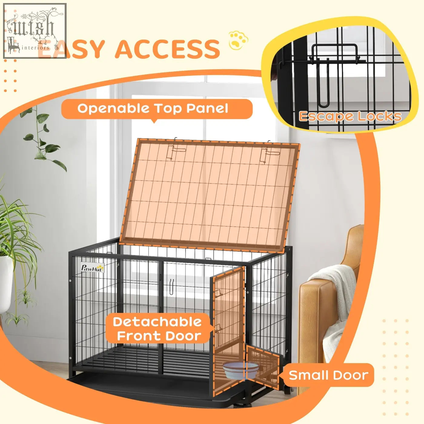 Black metal dog crate 92l x 62wcm with tan mesh top panel flat tube frame and detachable front door for medium large dogs