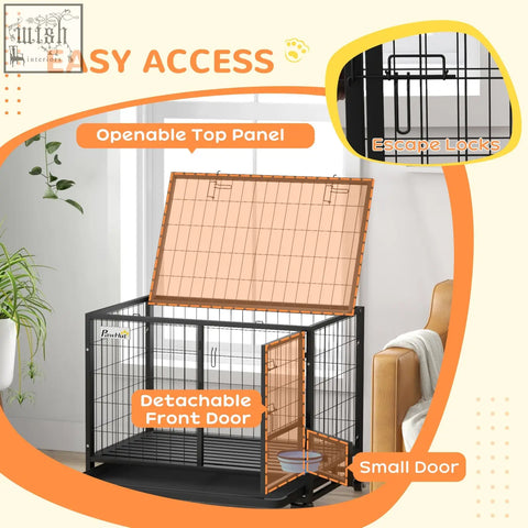 Black metal dog crate 92l x 62wcm with tan mesh top panel flat tube frame and detachable front door for medium large dogs