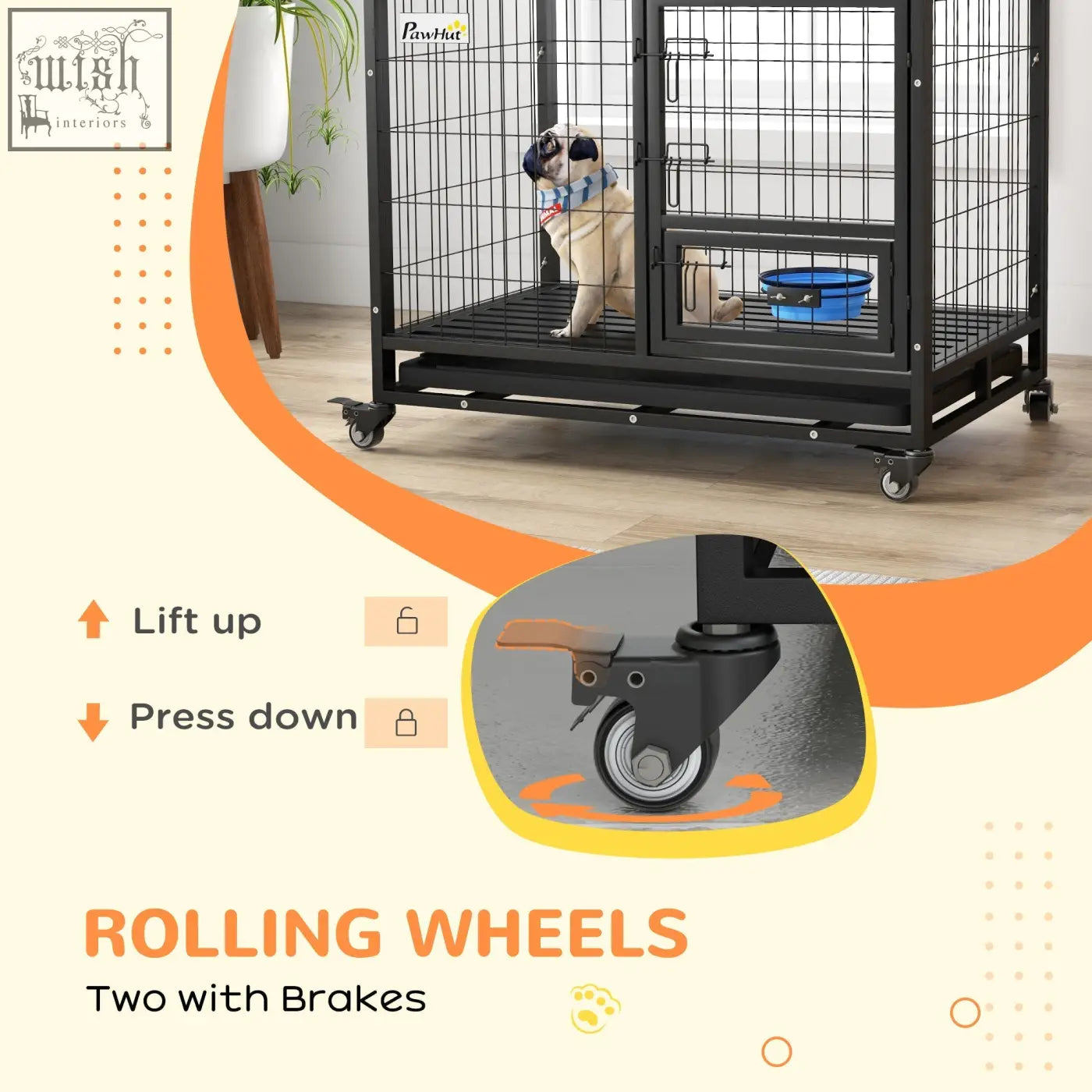 Black metal pawhut heavy duty dog crate 92l x 62wcm with rolling wheels lockable brake flat tube design